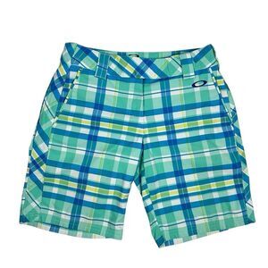 Oakley Womens Golf Shorts Size 4 White Blue Teal Plaid Bermuda
